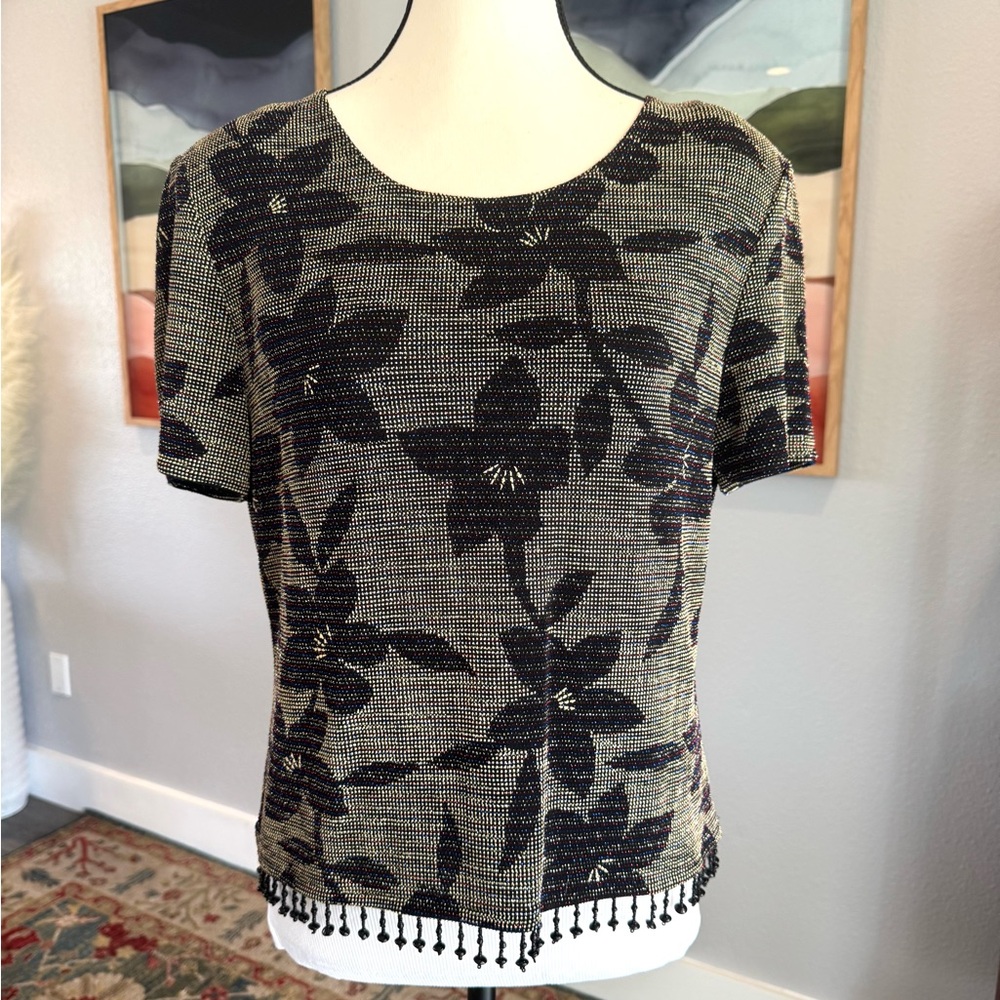 Joseph Ribkoff Floral Black and Gold Beaded Top